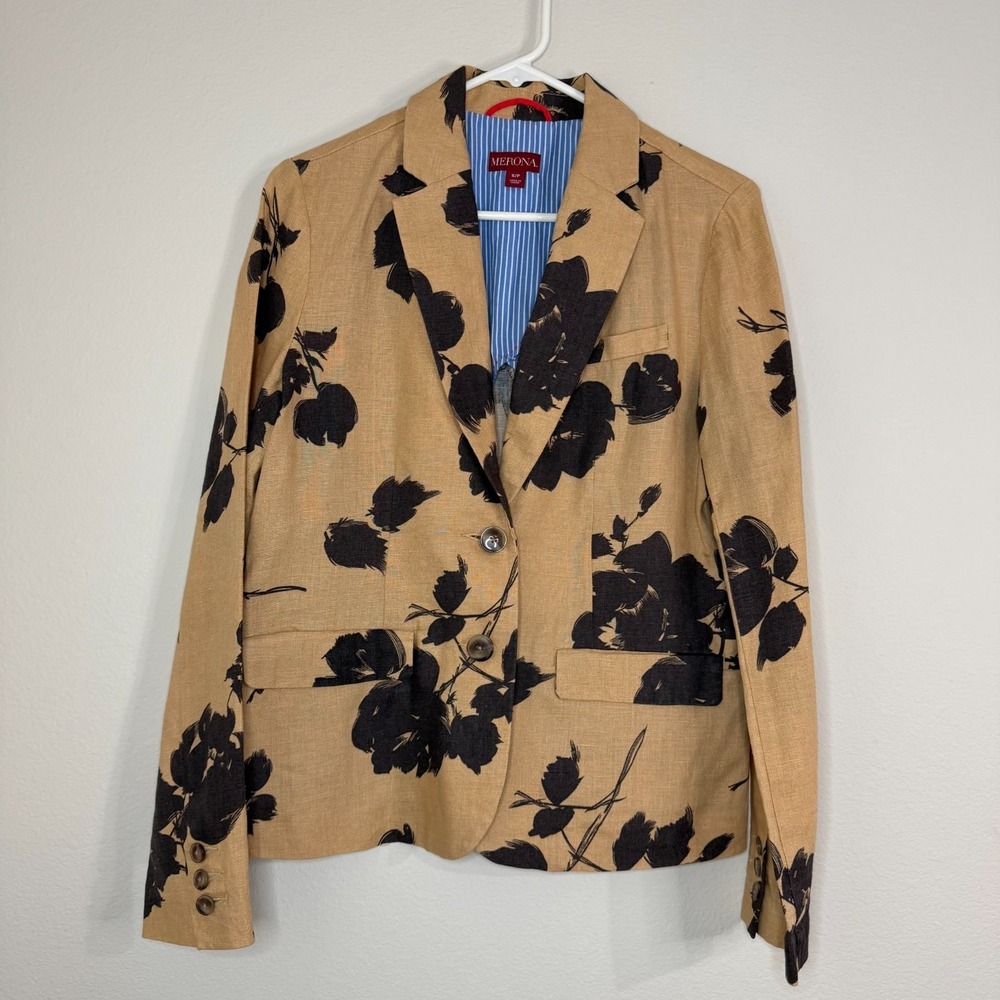 Merona Womens Brown Black Floral Linen Blend Button Front Blazer‎ Jacket Small